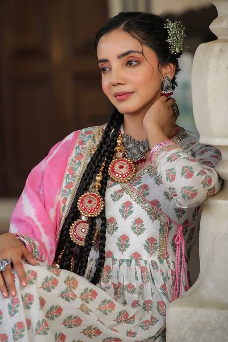 Buy_Bairaas_Pink Mul Cotton Printed Mughal V Neck Block Anarkali With Dupatta_Online_at_Aza_Fashions