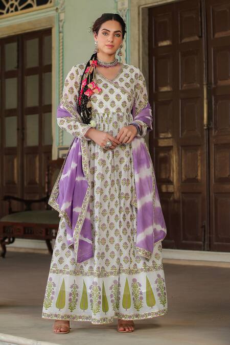 Bairaas_Purple Cotton Sequins, Embroidery V-neck Mughal Print Anarkali With Dupatta_Online_at_Aza_Fashions