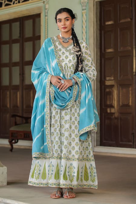 Bairaas_Blue Cotton Sequins V-neck Mughal Pattern Anarkali With Dupatta_Online_at_Aza_Fashions