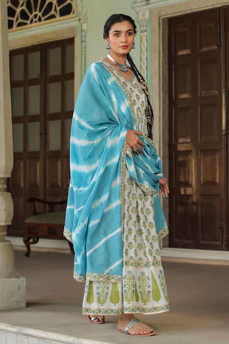 Buy_Bairaas_Blue Cotton Sequins V-neck Mughal Pattern Anarkali With Dupatta_Online_at_Aza_Fashions