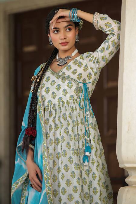 Shop_Bairaas_Blue Cotton Sequins V-neck Mughal Pattern Anarkali With Dupatta_Online_at_Aza_Fashions