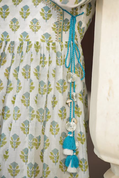 Bairaas_Blue Cotton Sequins V-neck Mughal Pattern Anarkali With Dupatta_at_Aza_Fashions
