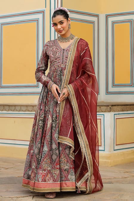 BAIRAAS Maroon Anarkali Muslin Printed Persian Art V Neck With Dupatta 