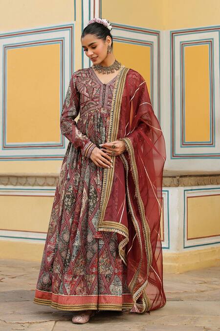 Bairaas_Maroon Anarkali Muslin Printed Persian Art V Neck With Dupatta_Online_at_Aza_Fashions