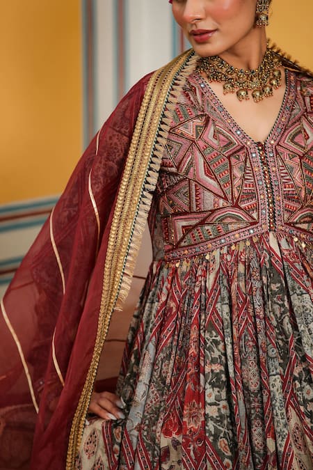 Buy_Bairaas_Maroon Anarkali Muslin Printed Persian Art V Neck With Dupatta_Online_at_Aza_Fashions