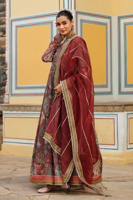Shop_Bairaas_Maroon Anarkali Muslin Printed Persian Art V Neck With Dupatta_Online_at_Aza_Fashions