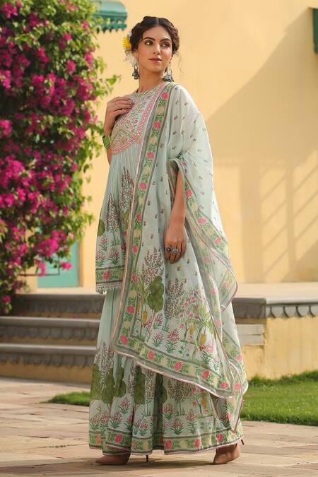 Buy_Bairaas_Green Cotton Mirrors, Embroidery Round Floret Block Print Anarkali Sharara Set_Online_at_Aza_Fashions