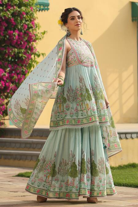 Shop_Bairaas_Green Cotton Mirrors, Embroidery Round Floret Block Print Anarkali Sharara Set_Online_at_Aza_Fashions