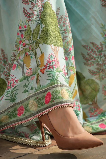 Bairaas_Green Cotton Mirrors, Embroidery Round Floret Block Print Anarkali Sharara Set_at_Aza_Fashions