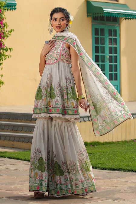 Buy_Bairaas_Ivory Cotton Mirrors, Cut Work, Flower Block Print Anarkali Sharara Set_Online_at_Aza_Fashions