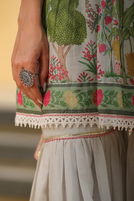 Shop_Bairaas_Ivory Cotton Mirrors, Cut Work, Flower Block Print Anarkali Sharara Set_Online_at_Aza_Fashions