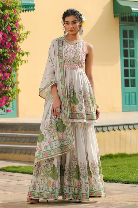 Bairaas_Ivory Cotton Mirrors, Cut Work, Flower Block Print Anarkali Sharara Set_at_Aza_Fashions