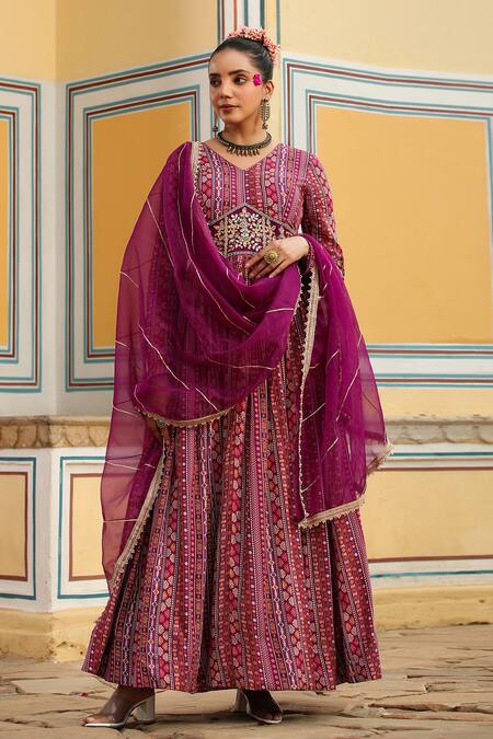 Bairaas_Purple Anarkali Mul Cotton Printed Geometric V Neck Pattern With Dupatta_Online_at_Aza_Fashions