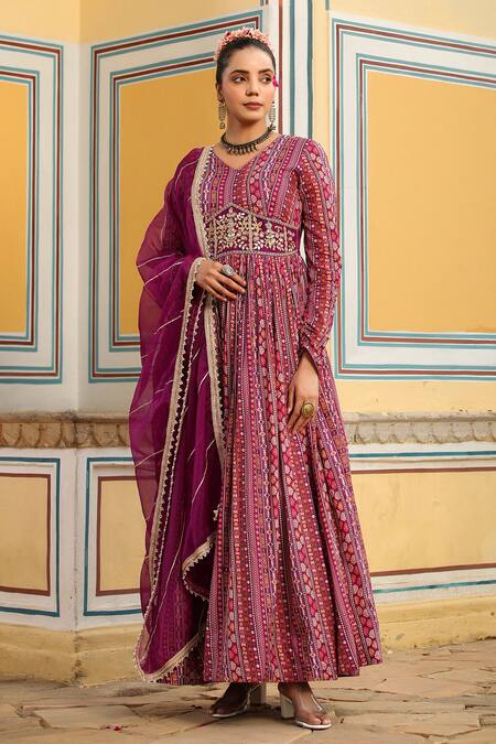 Shop_Bairaas_Purple Anarkali Mul Cotton Printed Geometric V Neck Pattern With Dupatta_Online_at_Aza_Fashions