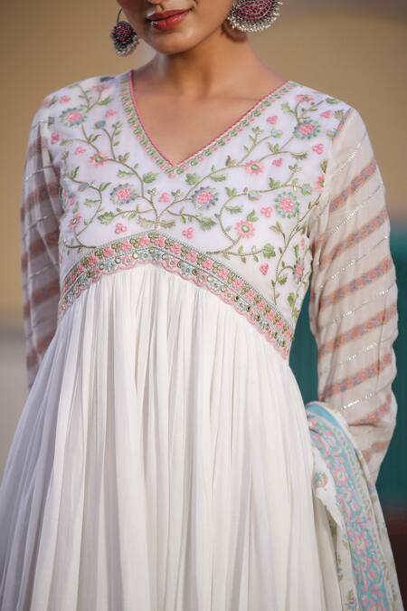 Buy_Bairaas_White Cotton, Muslin Mirrors, Lace, Floret Block Print Anarkali With Dupatta_Online_at_Aza_Fashions