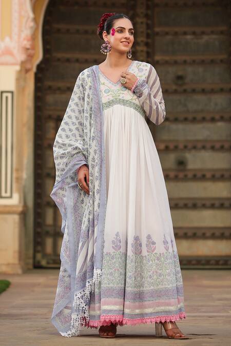 Bairaas_White Mul Cotton Printed Block V Neck Flower Anarkali With Dupatta_at_Aza_Fashions