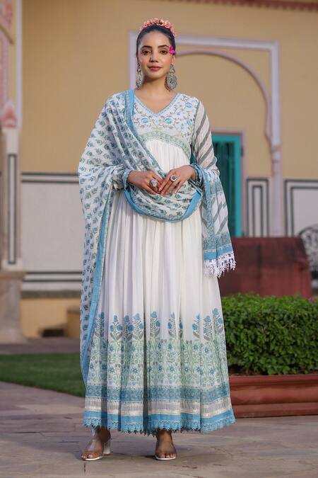 Bairaas White Mul Cotton Printed Block V Neck Anarkali With Dupatta