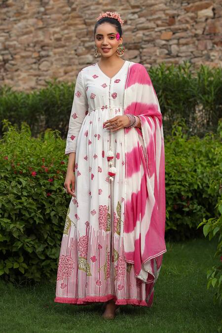 Bairaas_Pink Mul Cotton Printed Block V Neck Hand Anarkali With Dupatta_Online_at_Aza_Fashions