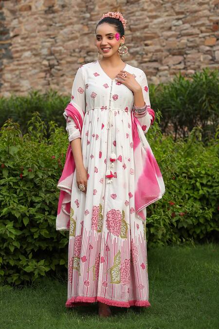 Bairaas_Pink Mul Cotton Printed Block V Neck Hand Anarkali With Dupatta_at_Aza_Fashions