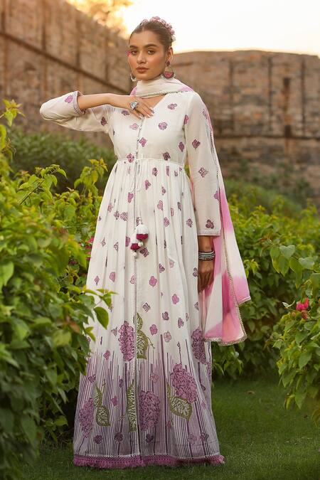 Bairaas_Purple Mul Cotton Printed Block V Neck Anarkali With Dupatta_Online_at_Aza_Fashions