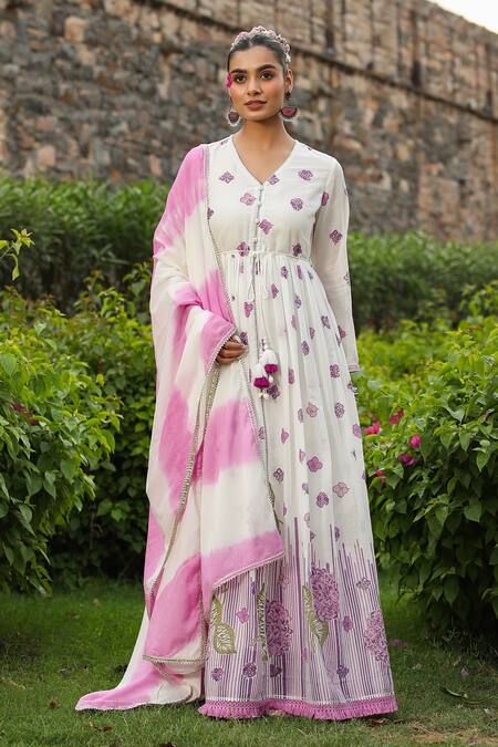 Shop_Bairaas_Purple Mul Cotton Printed Block V Neck Anarkali With Dupatta_Online_at_Aza_Fashions