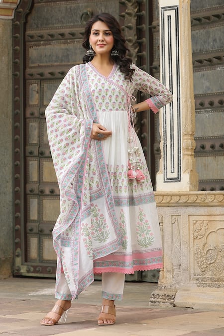 BAIRAAS Pink Mul Cotton Printed Block V Neck Angrakha Anarkali Pant Set 