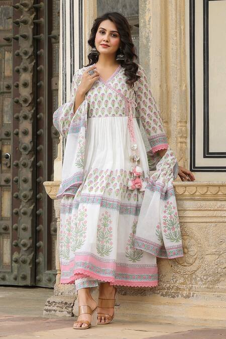 Buy_Bairaas_Pink Cotton Sequins, Embroidery V-neck Block Print Angrakha Anarkali Pant Set_Online_at_Aza_Fashions