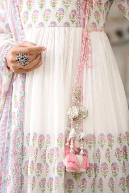 Bairaas_Pink Cotton Sequins, Embroidery V-neck Block Print Angrakha Anarkali Pant Set_at_Aza_Fashions