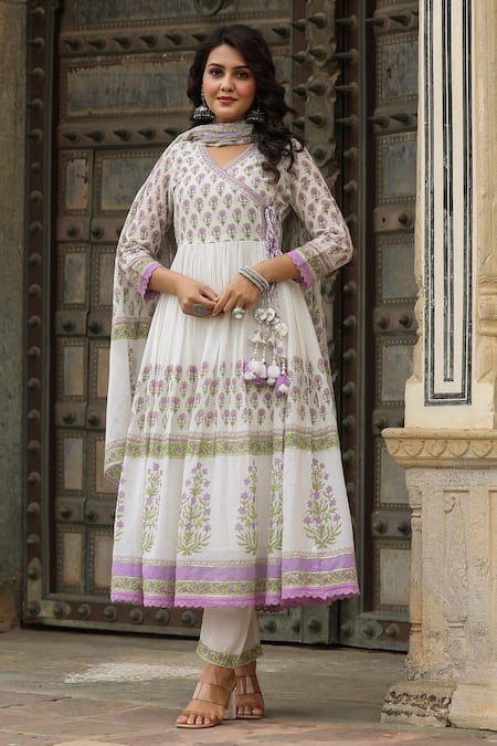 BAIRAAS Purple Mul Cotton Printed Block V Neck Hand Angrakha Anarkali Pant Set 