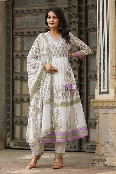 Bairaas_Purple Cotton Sequins, Embroidery Hand Block Print Angrakha Anarkali Pant Set_Online_at_Aza_Fashions