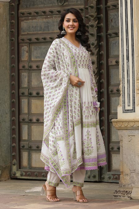 Buy_Bairaas_Purple Cotton Sequins, Embroidery Hand Block Print Angrakha Anarkali Pant Set_Online_at_Aza_Fashions