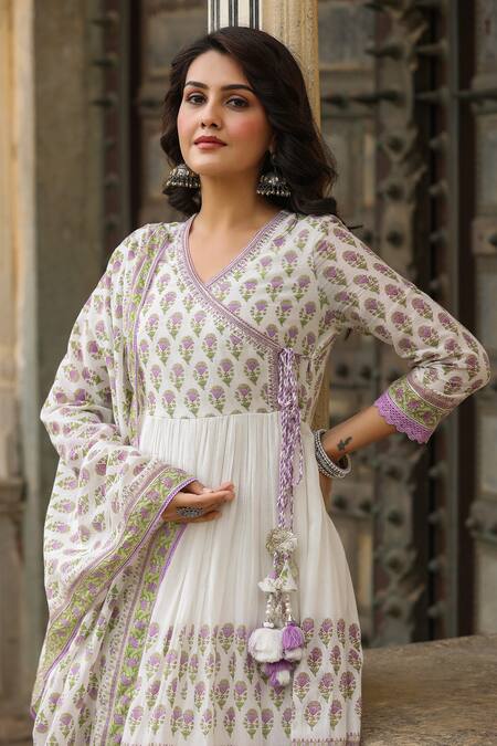 Shop_Bairaas_Purple Cotton Sequins, Embroidery Hand Block Print Angrakha Anarkali Pant Set_Online_at_Aza_Fashions