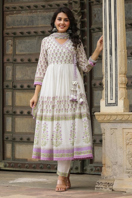 Bairaas_Purple Cotton Sequins, Embroidery Hand Block Print Angrakha Anarkali Pant Set_at_Aza_Fashions