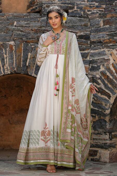 Bairaas_Green Mul Cotton Printed Block Blunt V Neck Hand Anarkali With Dupatta_Online_at_Aza_Fashions