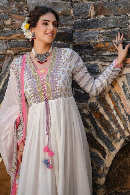 Bairaas_Pink Mul Cotton Block Print, Sequin Blunt V Neck Flower Anarkali With Dupatta_Online_at_Aza_Fashions