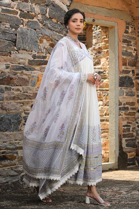 Shop_Bairaas_Blue Anarkali Mul Cotton, Dupatta Kota Doria Block Print, Floral With_Online_at_Aza_Fashions