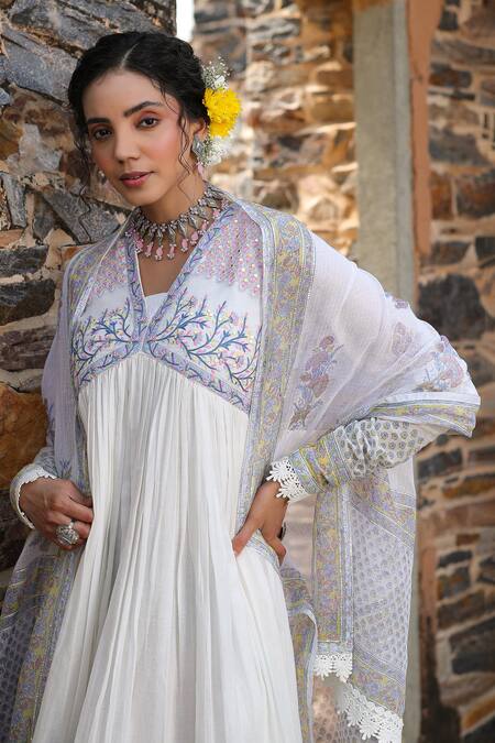 Bairaas_Blue Anarkali Mul Cotton, Dupatta Kota Doria Block Print, Floral With_at_Aza_Fashions