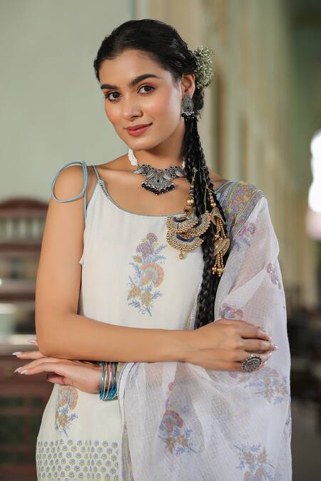 Buy_Bairaas_Blue Mul Cotton Block Print Scoop Neck Kurta Sharara Set_Online_at_Aza_Fashions