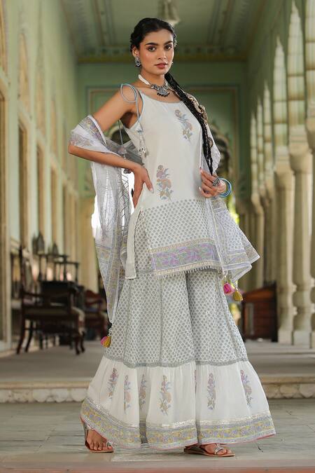 Shop_Bairaas_Blue Mul Cotton Block Print Scoop Neck Kurta Sharara Set_Online_at_Aza_Fashions