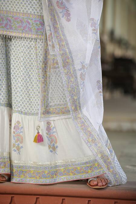 Bairaas_Blue Mul Cotton Block Print Scoop Neck Kurta Sharara Set_at_Aza_Fashions