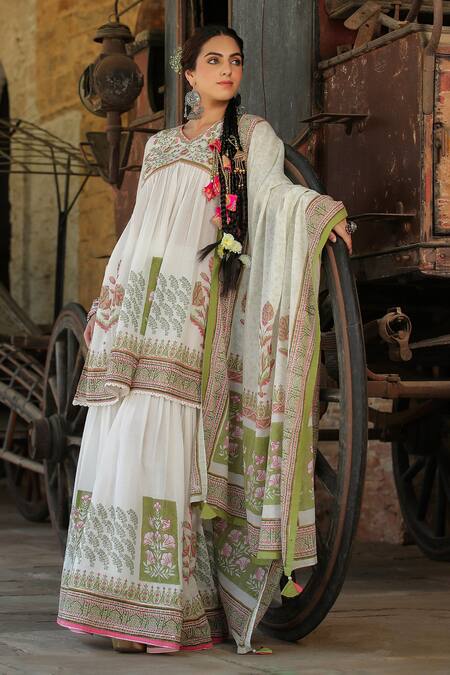 Bairaas_Green Mul Cotton Printed Block V Neck Flower Anarkali Sharara Set_Online_at_Aza_Fashions