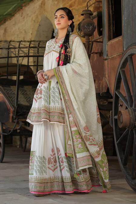 Buy_Bairaas_Green Mul Cotton Printed Block V Neck Flower Anarkali Sharara Set_Online_at_Aza_Fashions