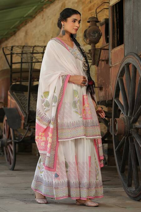 Buy_Bairaas_Pink Mul Cotton Block Print V Neck Flower Anarkali Sharara Set_Online_at_Aza_Fashions
