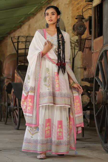 Shop_Bairaas_Pink Mul Cotton Block Print V Neck Flower Anarkali Sharara Set_Online_at_Aza_Fashions