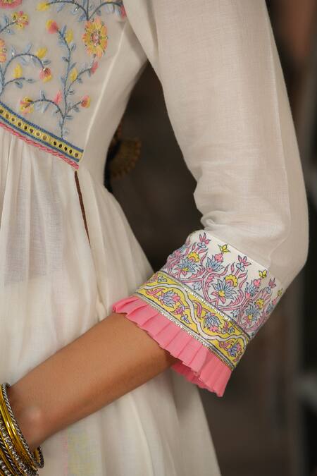 Bairaas_Pink Mul Cotton Block Print V Neck Flower Anarkali Sharara Set_at_Aza_Fashions