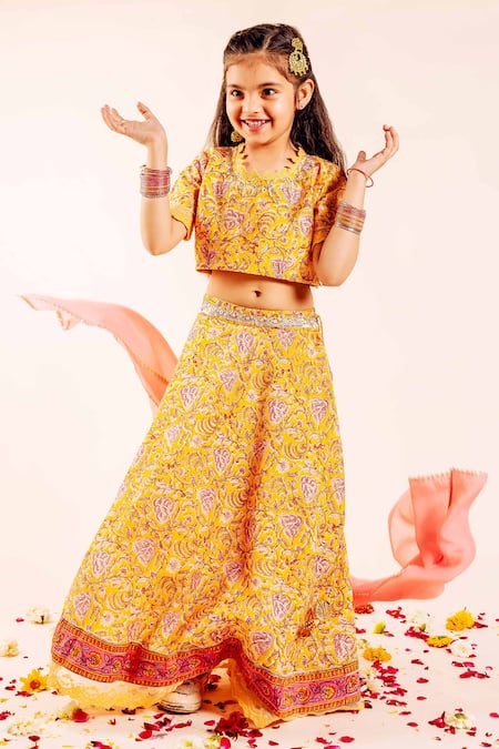 Missprint_Yellow Chanderi Gota Patti, Embroidery Farida Handblock Print Lehenga Set _Online_at_Aza_Fashions