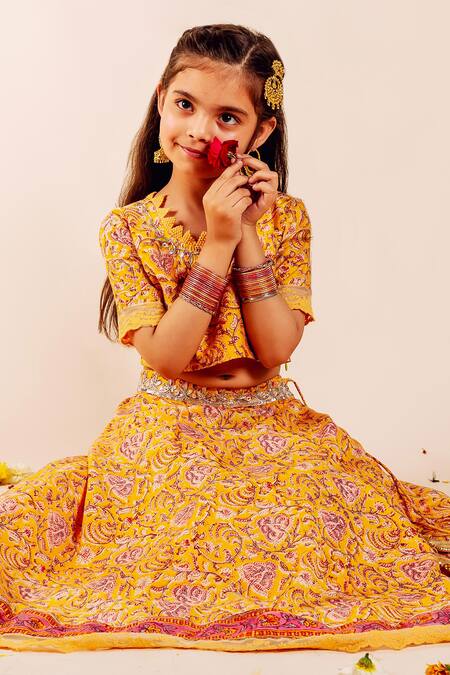 Buy_Missprint_Yellow Chanderi Gota Patti, Embroidery Farida Handblock Print Lehenga Set _Online_at_Aza_Fashions