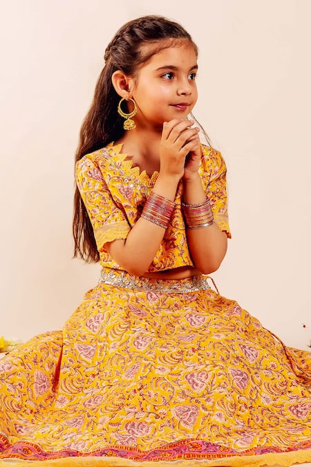 Shop_Missprint_Yellow Chanderi Gota Patti, Embroidery Farida Handblock Print Lehenga Set _Online_at_Aza_Fashions