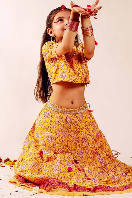 Missprint_Yellow Chanderi Gota Patti, Embroidery Farida Handblock Print Lehenga Set _at_Aza_Fashions
