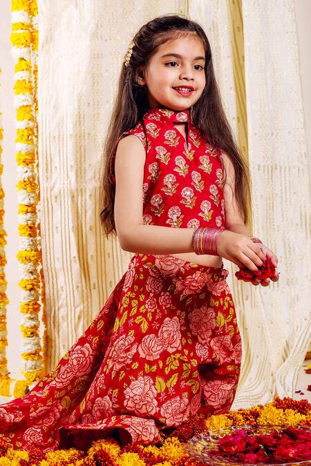 Missprint_Red Chanderi, Organza Embroidery Noor Floral Print Lehenga Set _Online_at_Aza_Fashions